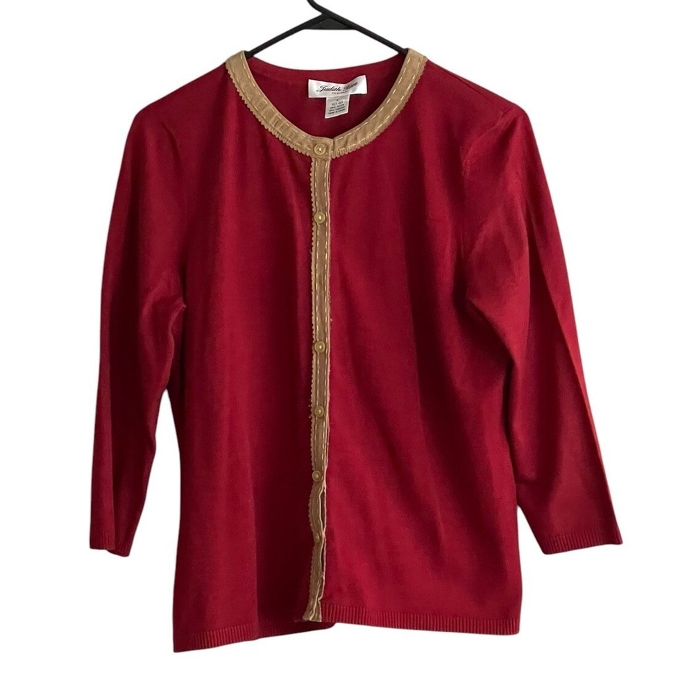 Judith Hart Women Silk Blend Cardigan Top Sweater Large Petite Velvet Trim Red